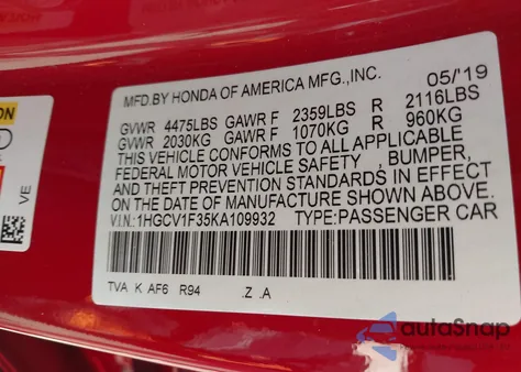 2019 Honda Accord Sport from USA, damaged, VIN 1HGCV1F35KA109932